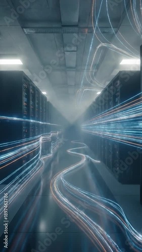 An atmospheric motion graphic depicting the movement of digital data streams inside a modern data center. Light trails symbolize data transmission, speed, computing power.