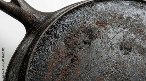 Close Up Of A Heavily Seasoned Rusty Cast Iron Skillet With A Handle And Textured Surface On A White Background