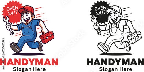 Handyman Mascot Logo Vector Illustration with Running Repairman Character, Tool Kit, Open Twenty Four Seven Service Badge, and Professional Branding Design