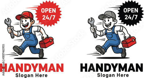 Handyman Service Mascot Logo Vector Illustration with Running Repairman Character, Tool Kit, Open Twenty Four Seven Badge, and Professional Business Branding Design