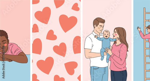 Happy Family Life Illustration Set Showing Parents with Baby, Child Climbing Ladder, Love Hearts Pattern, and Warm Parenting Moments Vector Design