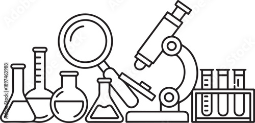 School supplies set. Back to school. Magnifying glass, microscope, laboratory glass equipment, test tubes.one line icon illustration in white Background.