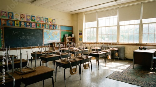 Empty Classroom with Desks Chairs Chalkboard and World Map bathed in Natural Sunlight through Large Windows