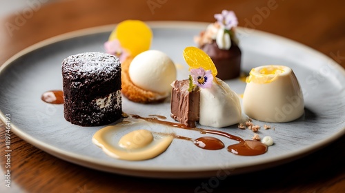 A gourmet dessert plate with delicate plating and sauces 