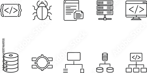 A collection of black and white line icons representing various aspects of computer programming and software development