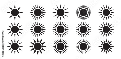 Black Sun Icons Set, with Different Ray Styles Isolated on White, Minimal Sun Symbol, Sunshine and Solar Sun, vector illustration eps 10