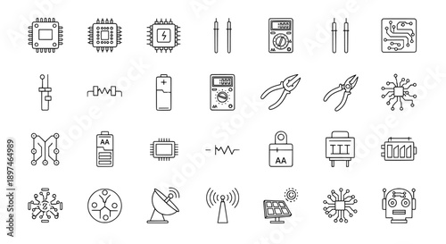 Electronics components technology line icons