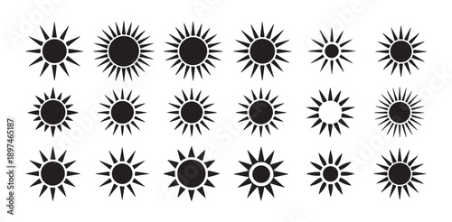 Black Sun vector set, Collection in Flat Minimal Style, Sun Symbol Icon Isolated on White Background, vector illustration eps 10