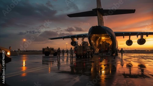 Armored vehicles loading into military cargo aircraft at airbase