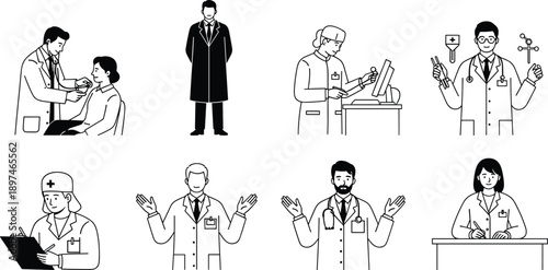 Medical professionals illustration set showing doctors and nurses performing examinations, diagnostics and consultations in healthcare environment isolated on white background