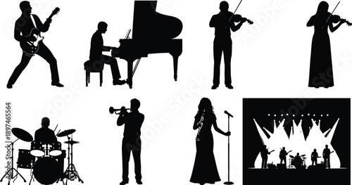 Music band and solo performer silhouettes featuring guitar, piano, violin, drums, trumpet, singer, and live concert stage performance black vector set