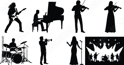 Musicians silhouette illustration set featuring guitarist, pianist, violinist, drummer, trumpet player and singer performing live music on stage