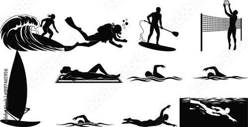 Water sports and swimming silhouette set featuring surfing, scuba diving, paddleboarding, beach relaxation, volleyball, and aquatic fitness activities