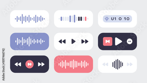 Voice message audio icon vector set with waveform playback controls duration indicators and chat voice note elements for messaging apps and interfaces