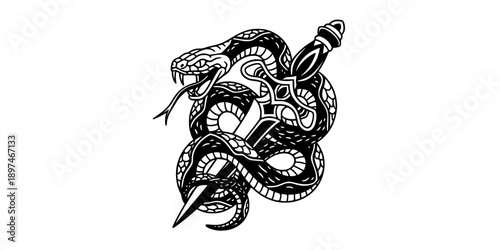 Snake and Dagger Neo Traditional Tattoo Silhouette
