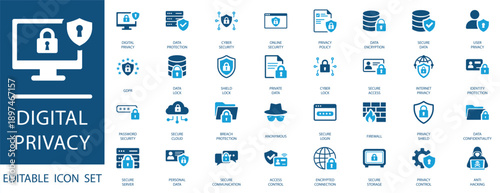 Digital privacy icon set. including data protection, GDPR compliance, internet safety, encryption, and secure network access.