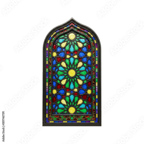 Intricate Stained Glass Window with Symmetrical Floral Design on