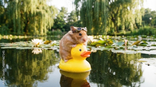 Small Hamster Riding A Yellow Rubber Duck Toy On Water Lilies With Willow Trees And Greenery Background On A Sunny Day