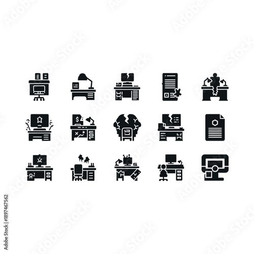 Collection of office workspace icons, work activities, and document illustrations in monochrome style.