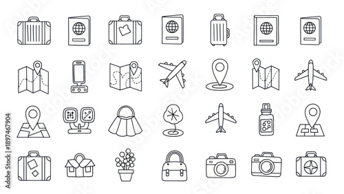 Hand Drawn Travel Icons: Suitcases, Passports, Maps, Planes, Cameras, & More