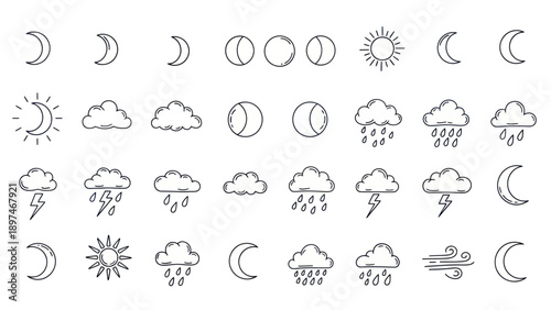 Hand Drawn Weather Icons: Moon Phases, Sun, Clouds, Rain, Lightning, Wind