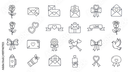 Hand Drawn Valentine's Day Icons: Love, Hearts, Roses, Envelopes, Ribbons, Dove