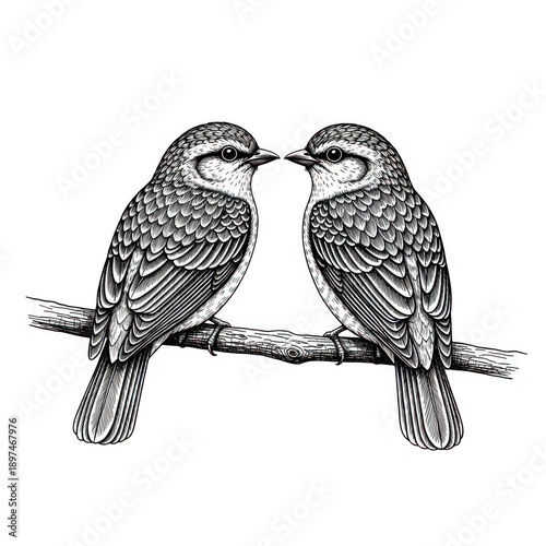 Two birds perched on a branch in black and white illustration