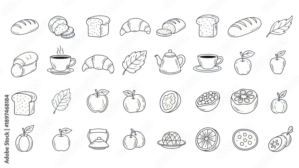 Obraz premium Hand-Drawn Breakfast Icons: Bread, Croissants, Coffee, Fruits, and Tea Set