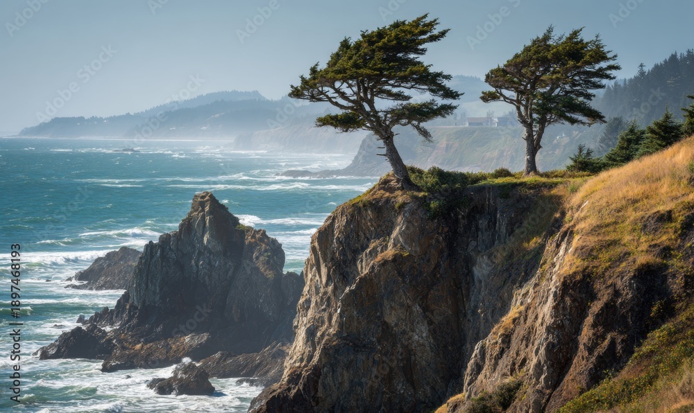 Fototapeta premium Two trees are on a hill overlooking the ocean