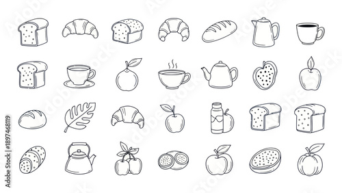 Hand-Drawn Breakfast Food Icons: Bread, Croissant, Fruit, Coffee, Tea Set