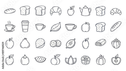 Hand-drawn Breakfast Icons: Bread, Croissant, Coffee, Tea, Fruit, and Pastries Collection