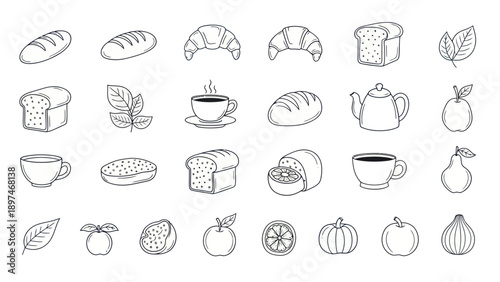Hand-drawn breakfast icons: bread, croissant, tea, coffee, fruits, vegetables