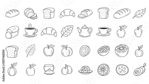 Hand-Drawn Breakfast Icons: Bread, Croissants, Coffee, Fruits, and Tea Set