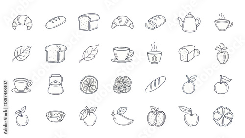 Hand-drawn Breakfast Icons: Croissant, Bread, Coffee, Fruit, Tea