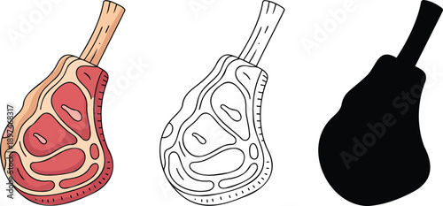 Raw meat silhouette & Outline and illustration set isolated on transparent background