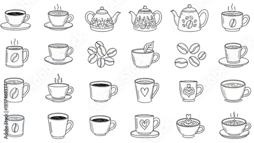 Hand-drawn coffee and tea cups, teapots, and beans set. Doodle illustration.