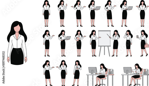 Businesswoman character set showing professional office poses presentation laptop teamwork corporate work situations flat vector illustration isolated on white background minimalist design