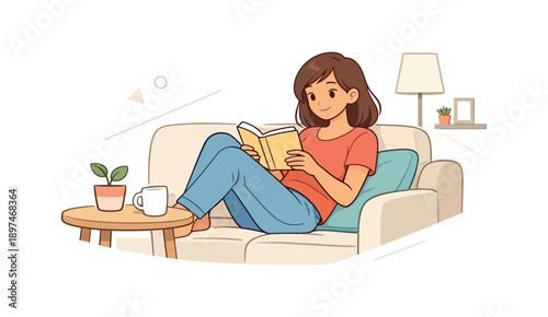 Woman reading on sofa with tea in cozy living room, flat vector illustration