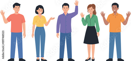 Diverse group of people waving hands illustration showing greeting teamwork community inclusion friendly communication modern flat vector style isolated on white background