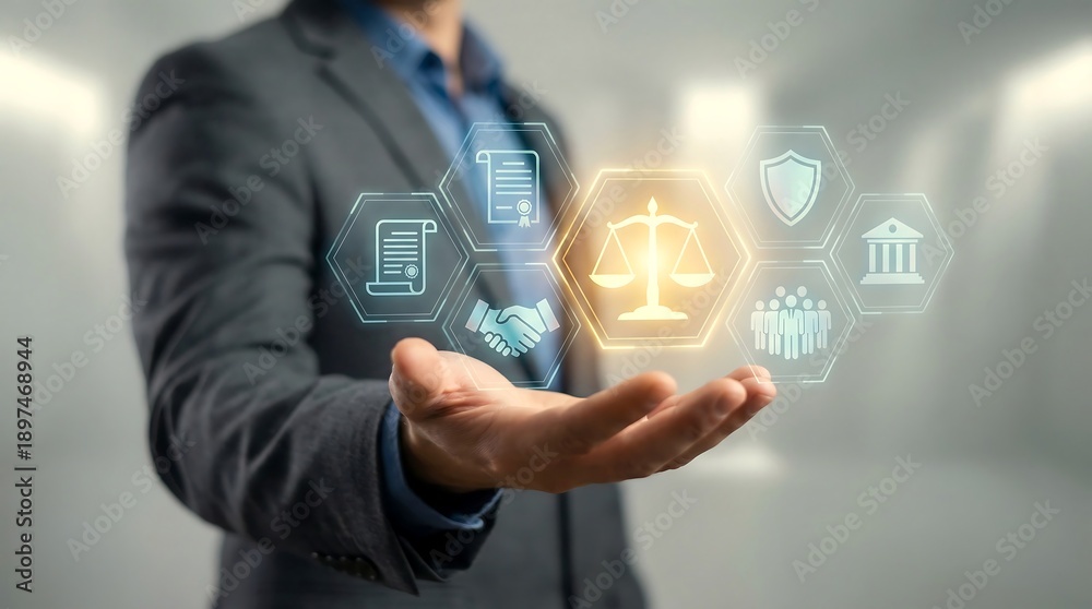 Fototapeta premium Legal Advice Justice Scales Concept with Lawyer Hand and Digital Icons for Corporate Law Services