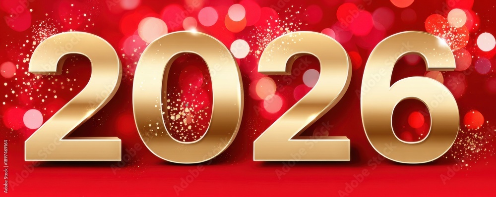 Fototapeta premium Golden 2026 numbers with sparkling bokeh on a red background for New Year celebration