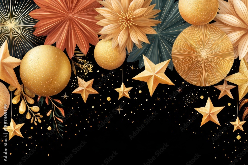Fototapeta premium Festive gold stars and ornaments cascade over a black background for celebration decor and holiday imagery