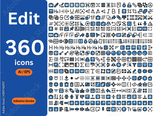 Ultimate Editing and UI Icon Set: 360 Editable Stroke Line Icons for Content Creation, Graphic Design, Web Toolbar, and Text Formatting