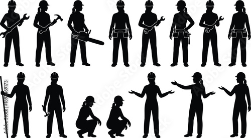 Female construction worker silhouettes set showing diverse poses tools teamwork strength safety industry concept black vector illustration isolated on white background collection
