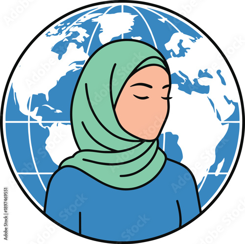 Muslim woman wearing hijab with global earth background symbolizing faith, identity, diversity, modest fashion, international culture, unity, and modern flat vector illustration