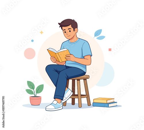 Man reading book on stool with plants and books, flat vector illustration