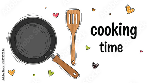 Black frying pan and wooden spatula next to cooking time text with colorful hand drawn hearts and dots on a white background.