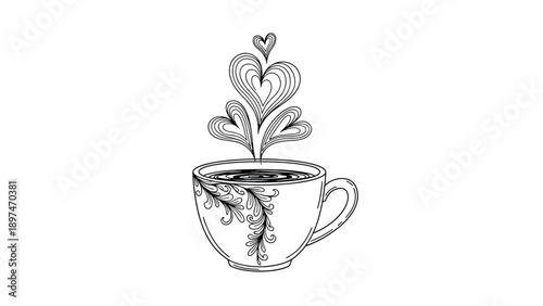 Artistic line drawing of a steaming cup of coffee with heart shapes rising from the top in a minimalist black and white style.