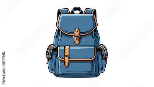 Classic blue canvas backpack with brown leather straps and multiple pockets isolated on a white background for travel or school.