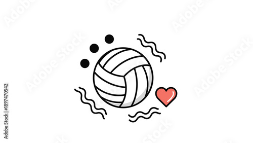 Volleyball sports equipment illustration with a red heart icon and decorative squiggles on a clean white minimalist background.